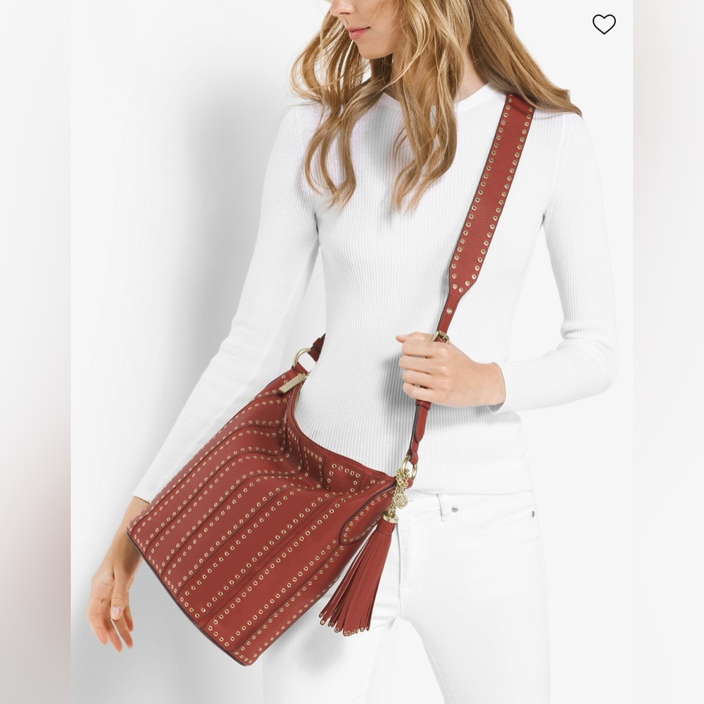 NWT Michael Kors Brown ‘Brooklyn Grommet Leather Feed Bag’ Crossbody in “Brick”